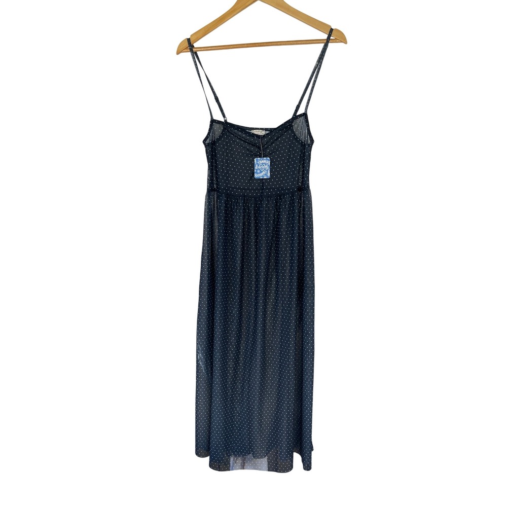 Free People Intimately Polka Dot Mesh Midi Slip Dress Black Babydoll OB1143147